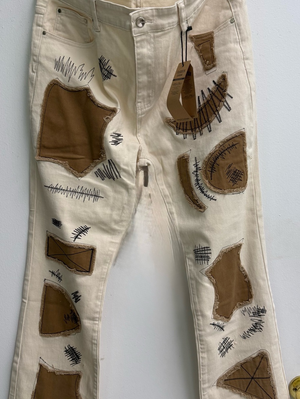 New Men's Italian Western Cream Bootcut Jeans with Brown Patchwork